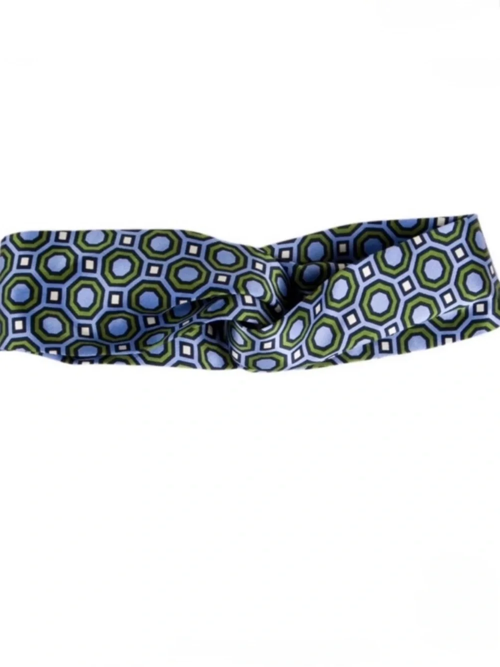 Tory Burch Silk Headband in Blue and Green Geometric Octagon Print. NWT.